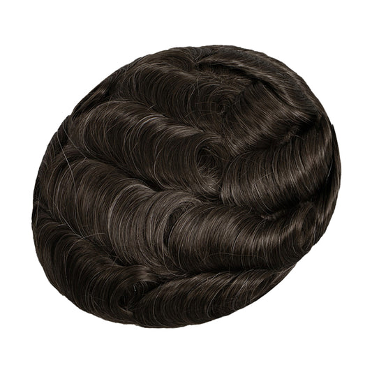 Human Hair French Lace With Clear PU Toupee For Men Dark Brown Color With 10% Grey