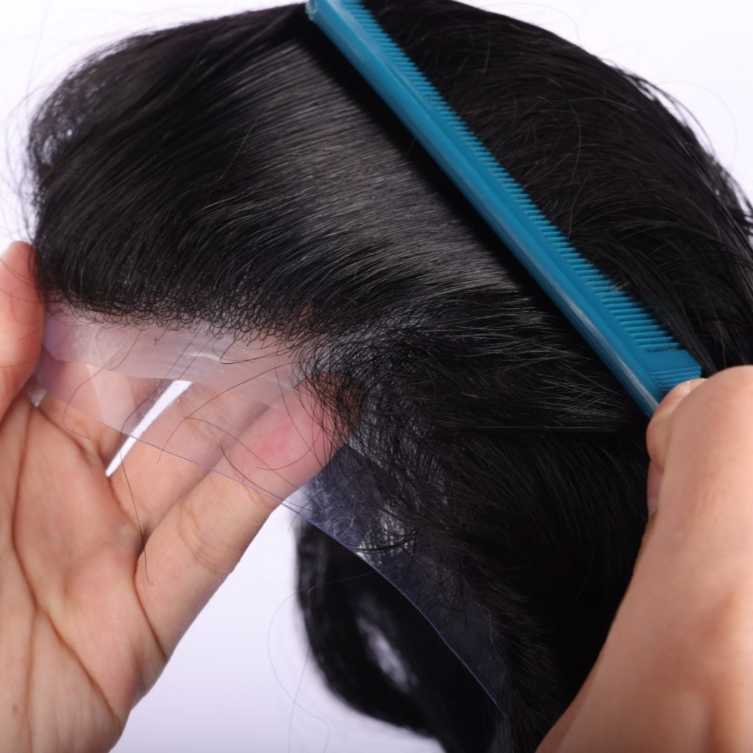 Human Hair Black Color V-loop Thin Skin Hair Systems