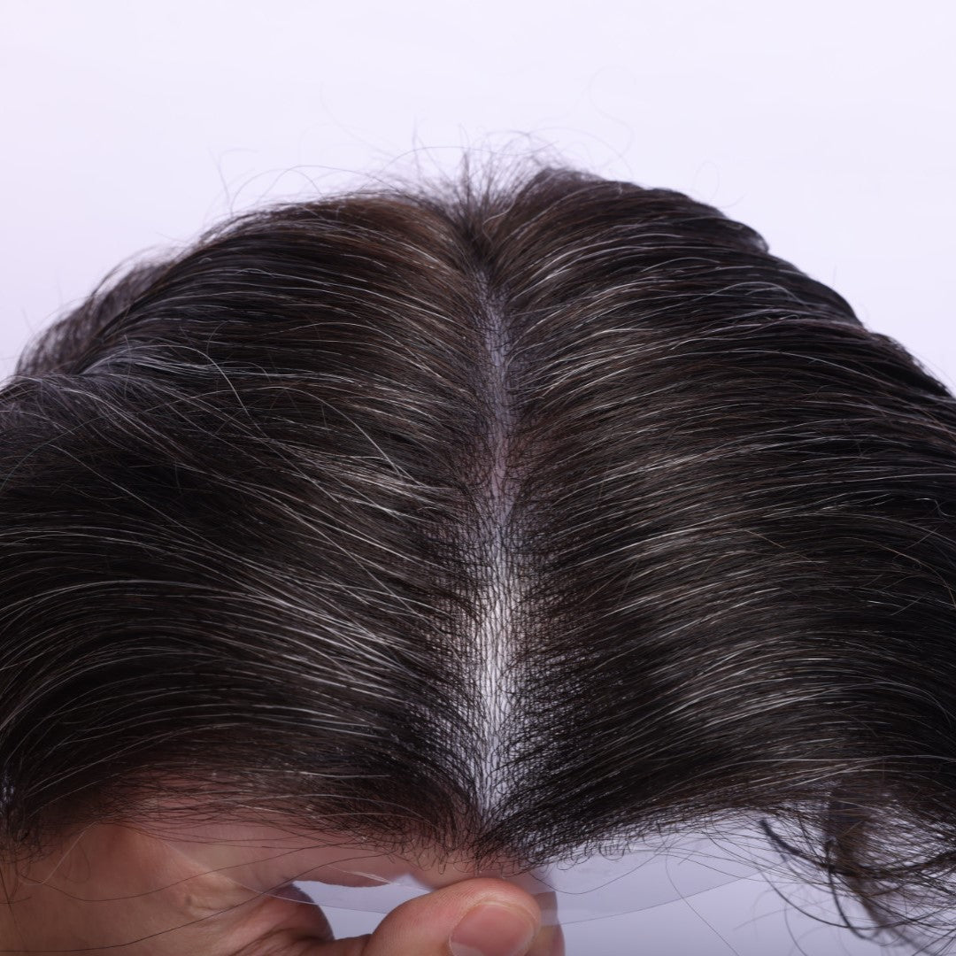 Human Hair Natural Color With 30% Grey Hair Thin Skin Toupee