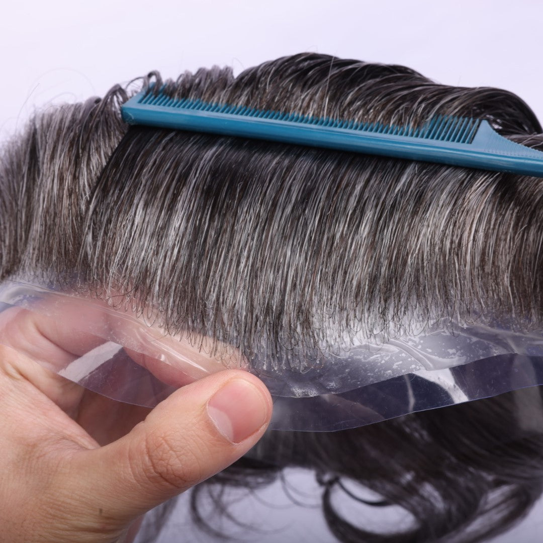 Human Hair Thin Skin base Natural Color 50% Grey Hair System