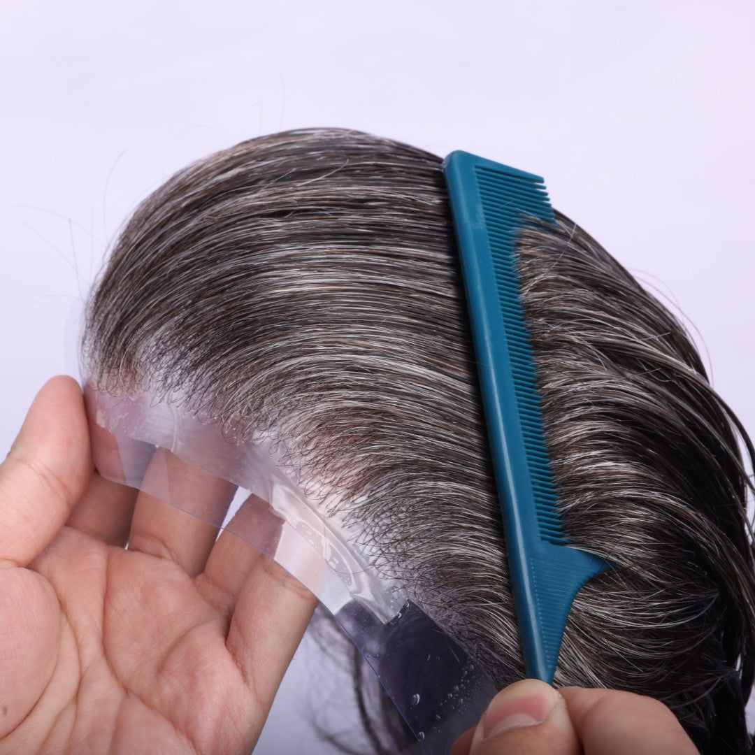 Human Hair Thin Skin base Natural Color 50% Grey Hair System