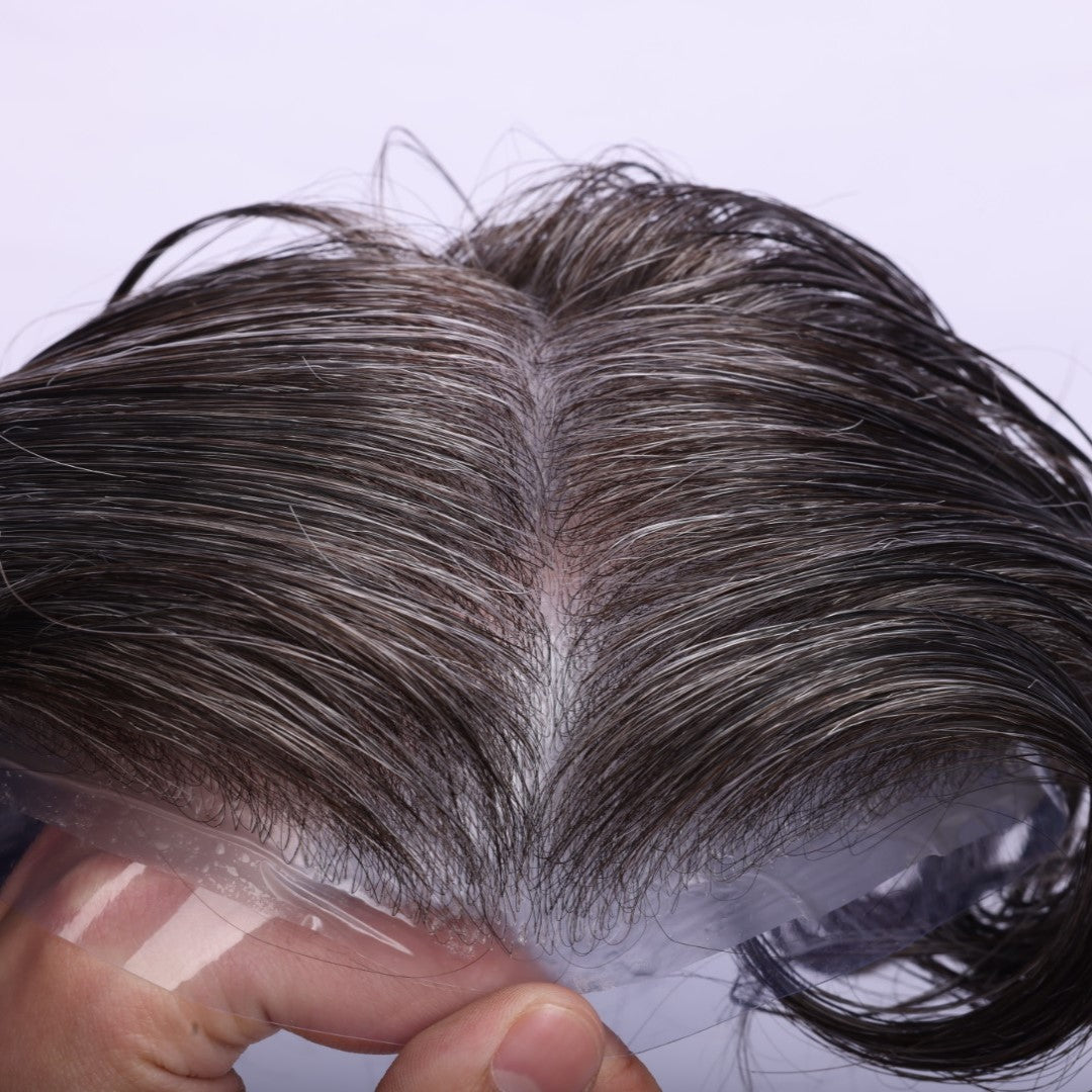 Human Hair Thin Skin base Natural Color 50% Grey Hair System