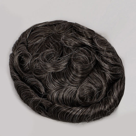Human Hair Natural Color With 30% Grey Hair Thin Skin Toupee